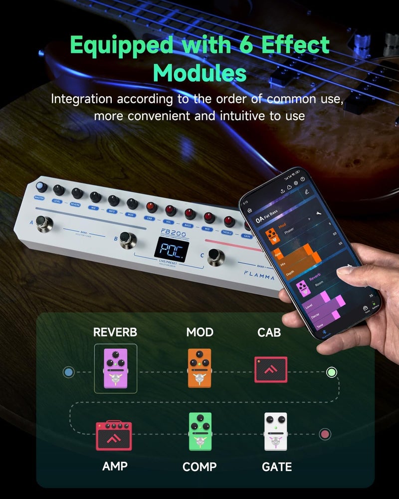FLAMMA FB200 Bass Multi-Effects Pedal Intelligent Processor with 10 Bass-specific AMP models 10 CAB Sim 9 IR Slots 40 Drum Rhythm 40 Presets 5 Mod 5 Reverb Tuner APP Control Headphone Output - Image 2